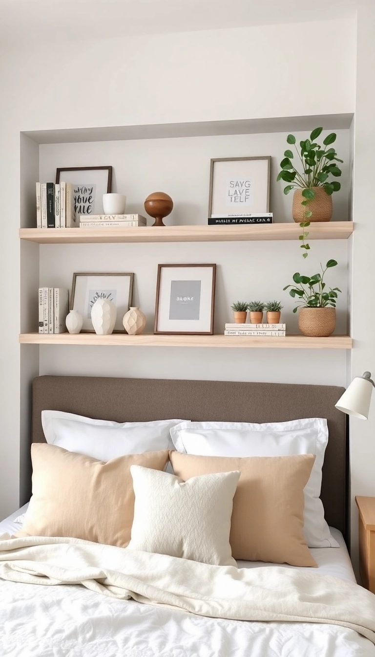 28 Neutral Bedroom Ideas That'll Make You Feel Like You're on Cloud 9! - 17. Open Shelving