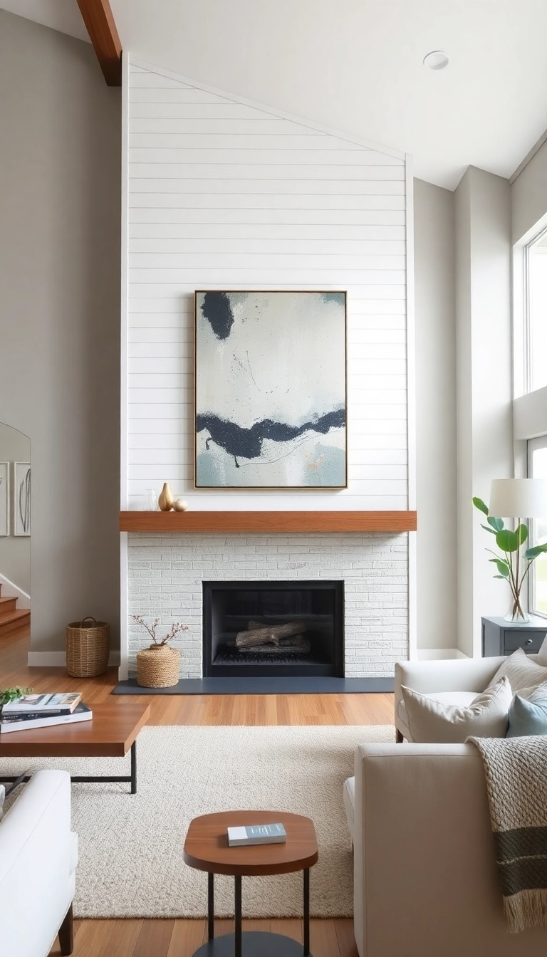 28 Stunning Shiplap Fireplace Ideas That'll Transform Your Living Space! - 21. Shiplap with Modern Art