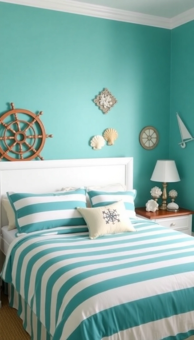 23 Teal Bedroom Ideas That Combine Modern Aesthetics with Unmatched Comfort! - 6. Nautical Teal and White Vibes