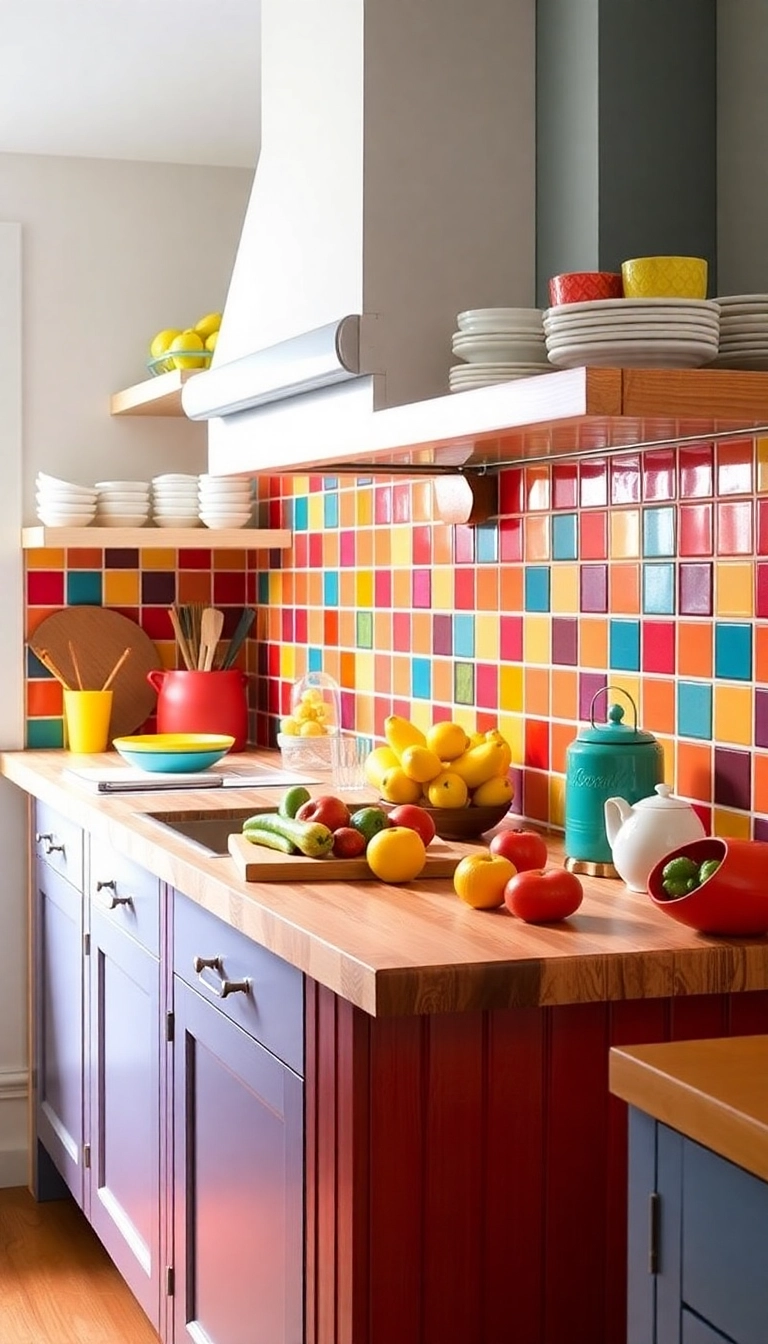 22 Stunning Backsplash Ideas to Pair with Butcher Block Countertops (You'll Love #15!) - 11. Bright Colored Tiles