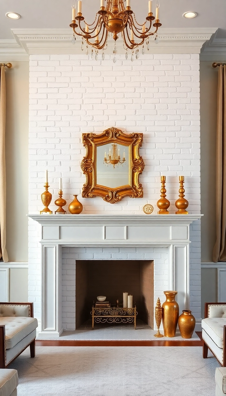 25 Stunning White Brick Fireplace Ideas to Transform Your Living Room (Wait Until You See #10!) - 10. Glamorous Gold Accents (Wait Until You See This!)