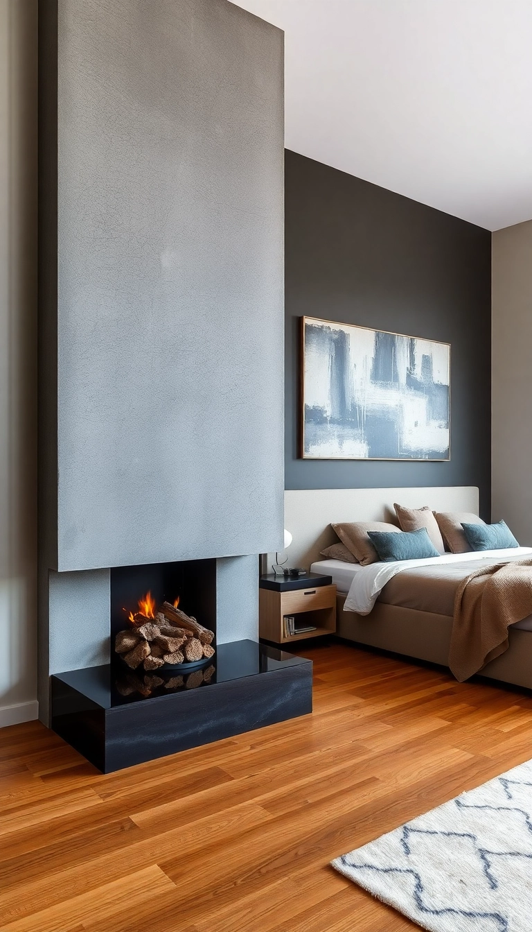 27 Fireplace in Bedroom Ideas That Will Make You Want to Snuggle In! - 3. Contemporary Artistry