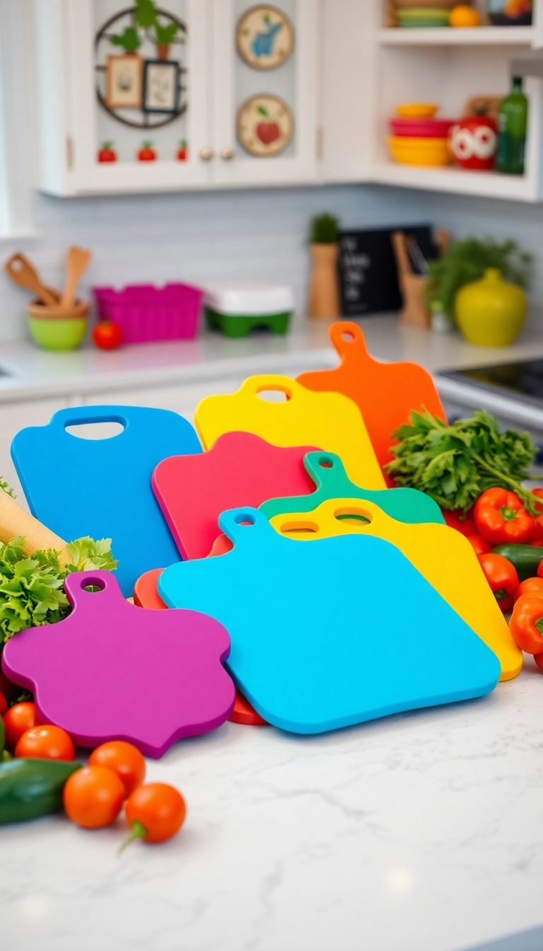 31 Kitschy Kitchen Inspo Ideas That’ll Make You Smile Every Time You Cook! - 15. Brightly Colored Cutting Boards