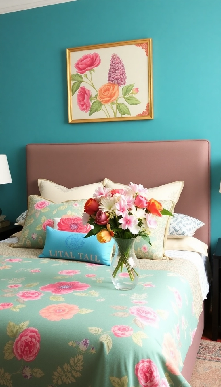 23 Teal Bedroom Ideas That Combine Modern Aesthetics with Unmatched Comfort! - 15. Teal with Floral Elements