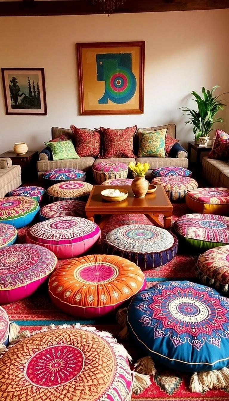 28 Bohemian Living Room Ideas That Will Make You Dream of Lazy Afternoons! - 10. Colorful Poufs and Floor Cushions