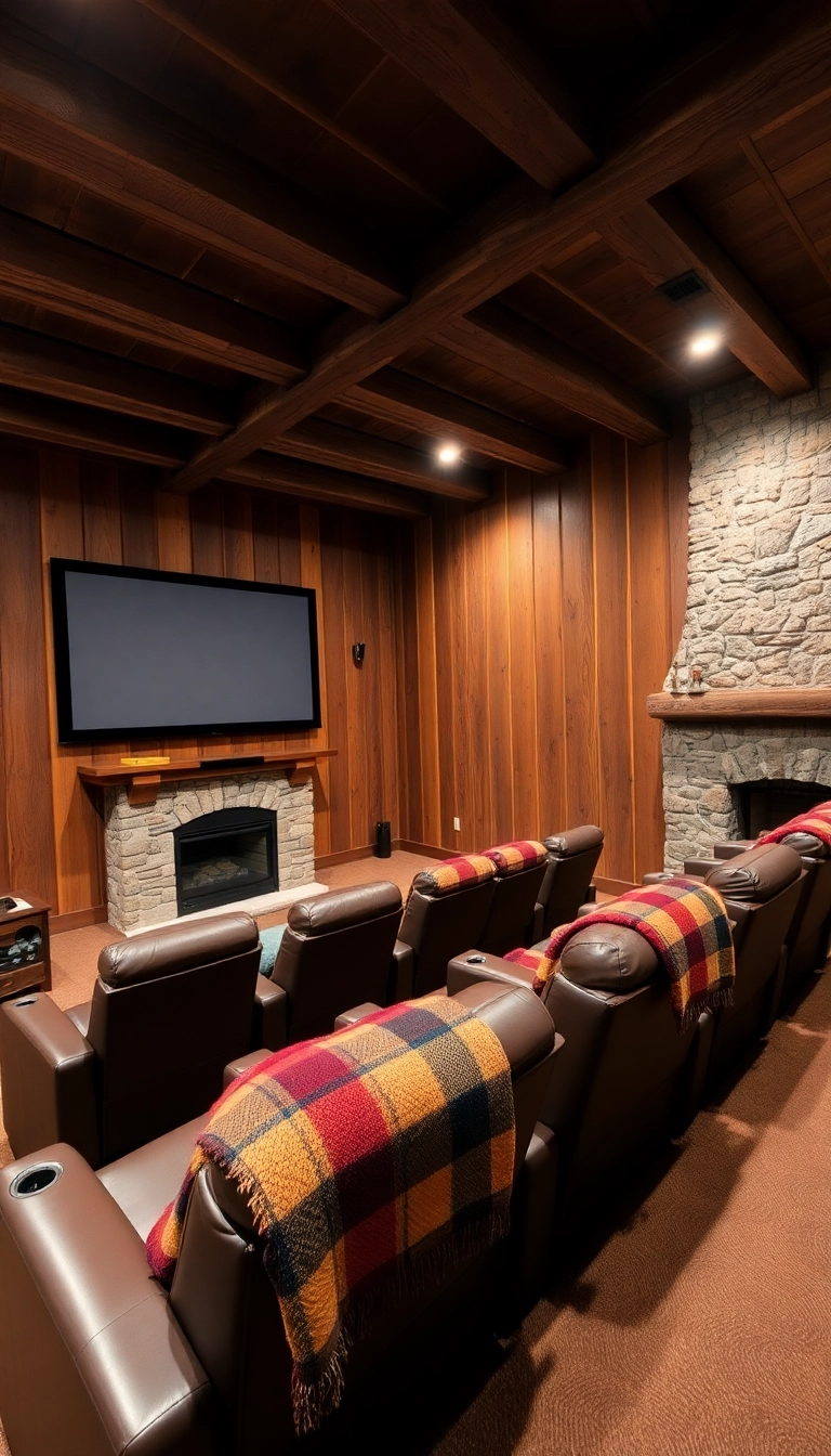 28 Cozy Small Theatre Room Ideas Your Friends Will Envy (Don't Miss #17!) - 1. Rustic Charm with Exposed Beams