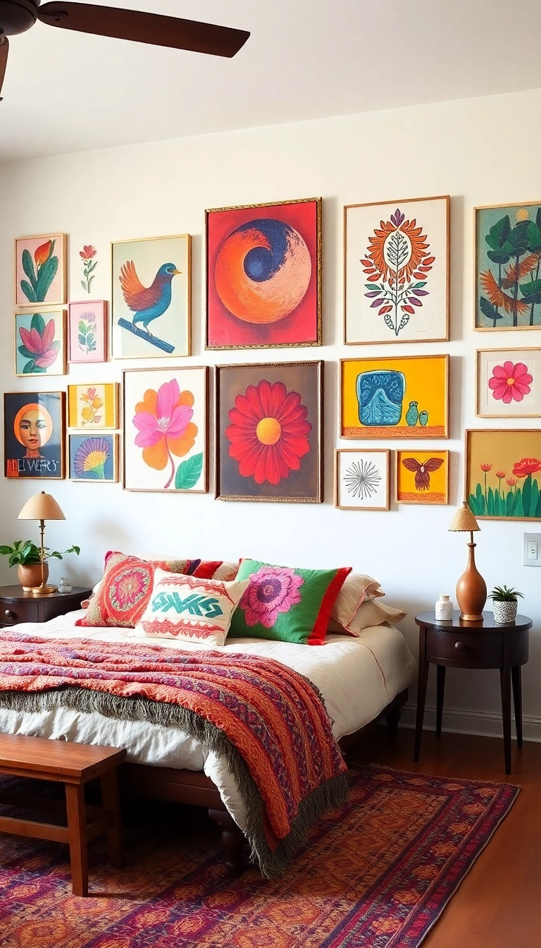 22 Boho Bedroom Ideas That'll Turn Your Space into a Cozy Oasis (You Won't Believe #15!) - 13. Colorful Artwork