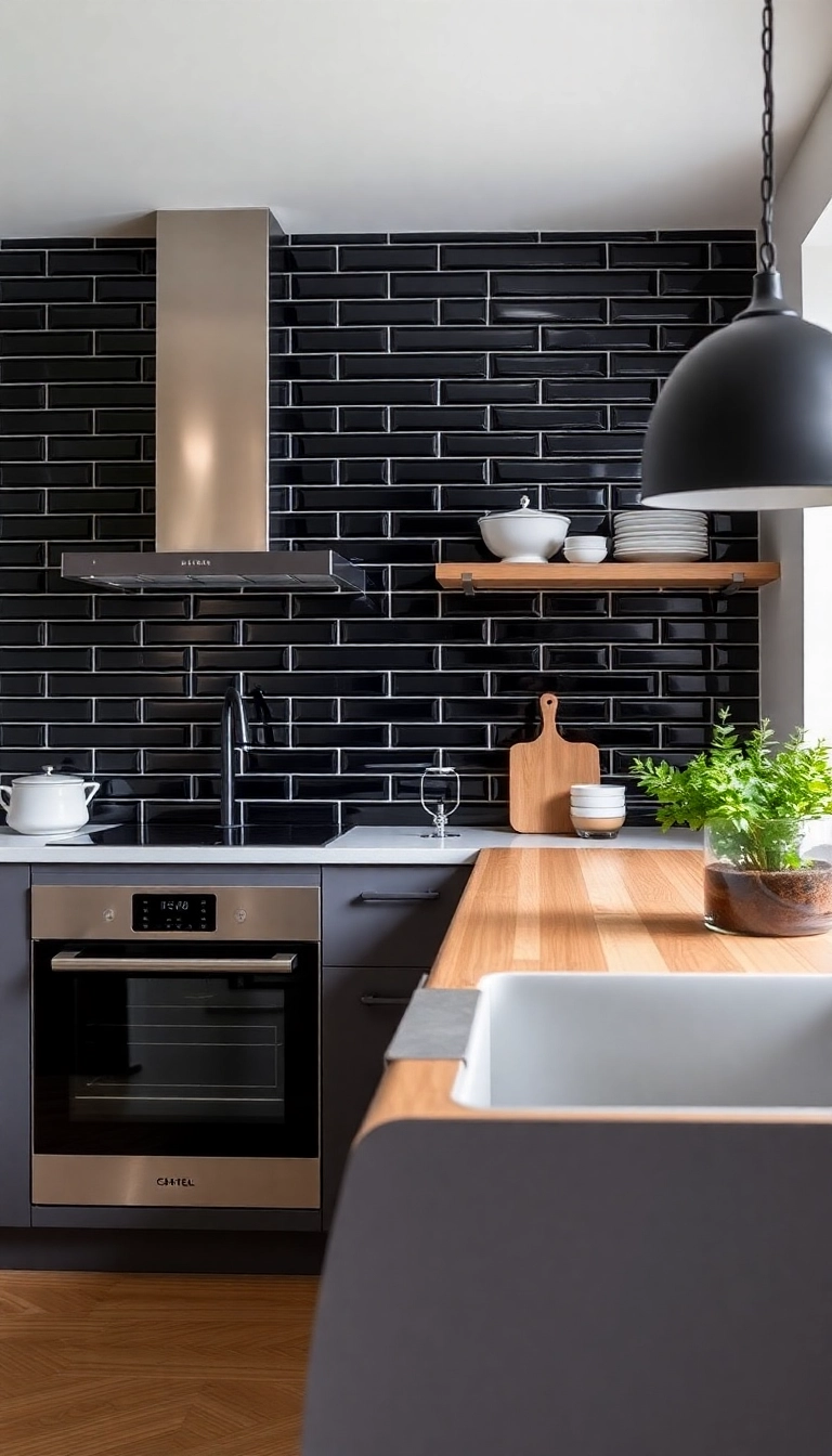 22 Stunning Backsplash Ideas to Pair with Butcher Block Countertops (You'll Love #15!) - 16. Bold Black Tiles