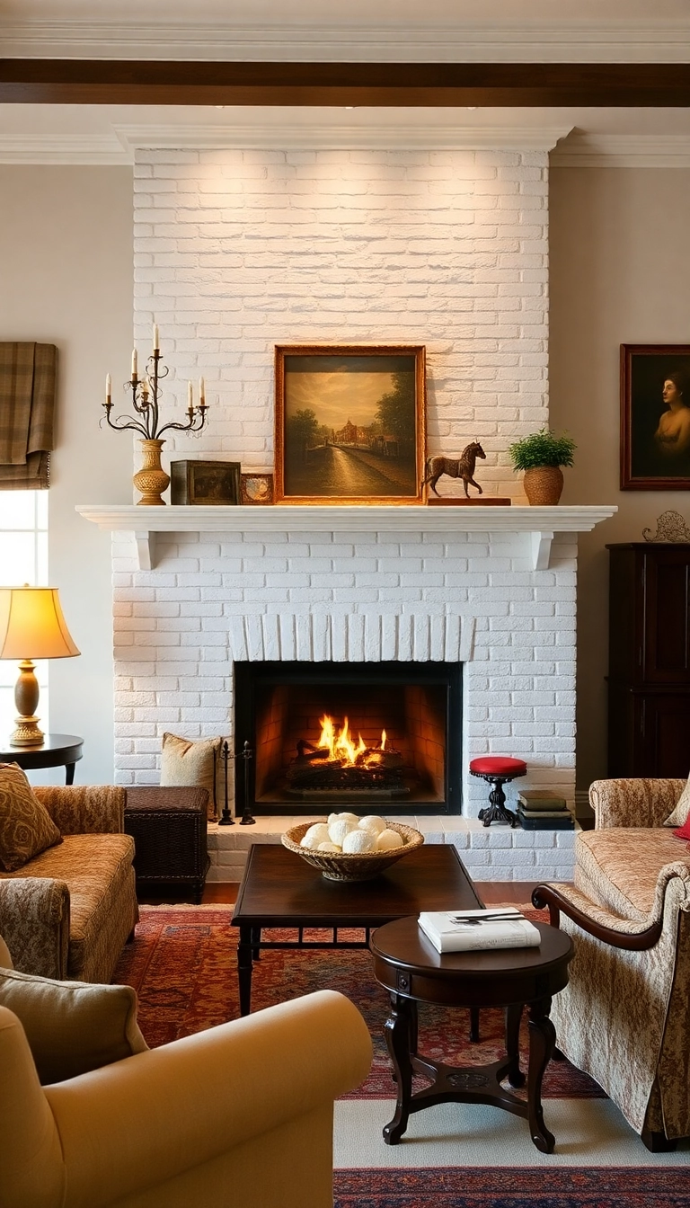 25 Stunning White Brick Fireplace Ideas to Transform Your Living Room (Wait Until You See #10!) - 19. Timeless Elegance