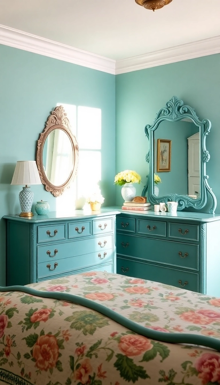 23 Teal Bedroom Ideas That Combine Modern Aesthetics with Unmatched Comfort! - 8. Vintage Teal Charm