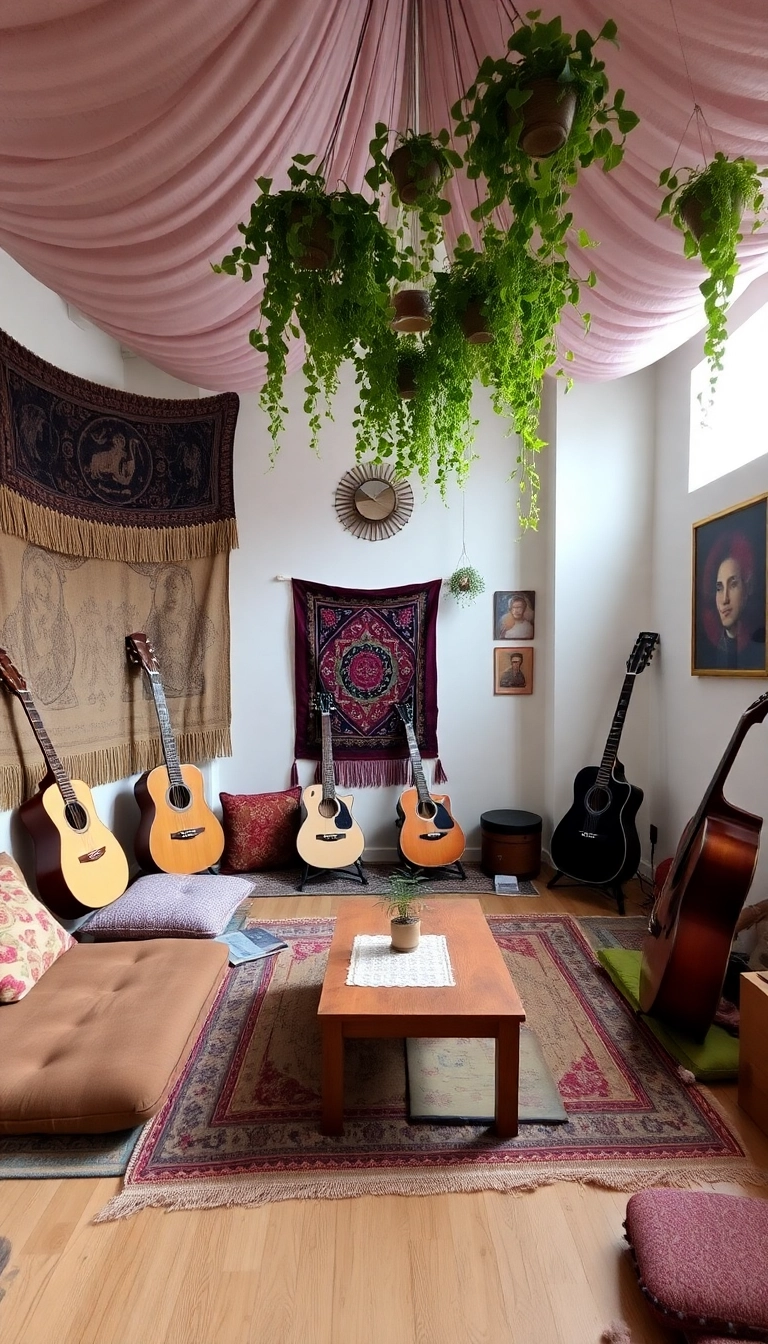 33 Music Room Ideas That'll Make You Want to Jam All Day Long! - 8. Bohemian Music Oasis