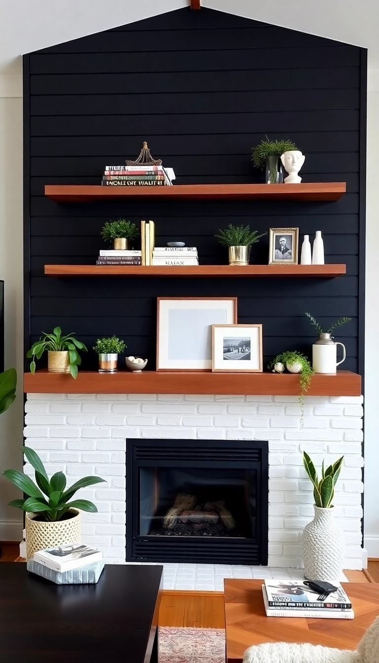 28 Black Shiplap Fireplace Ideas That'll Make Your Living Room Unforgettable! - 12. Chic Floating Shelves