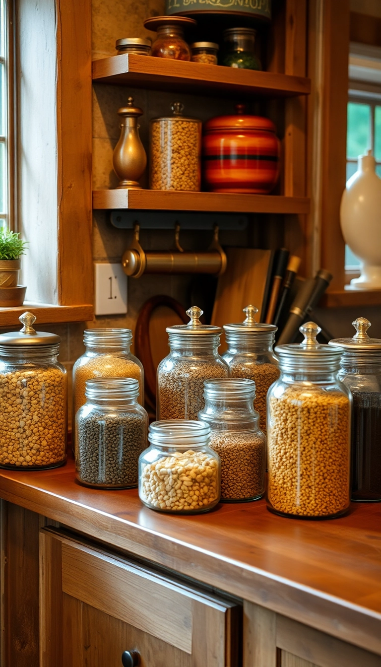 26 Rustic Farmhouse Kitchen Ideas That Will Transform Your Cooking Space! - 19. Decorative Jars and Containers