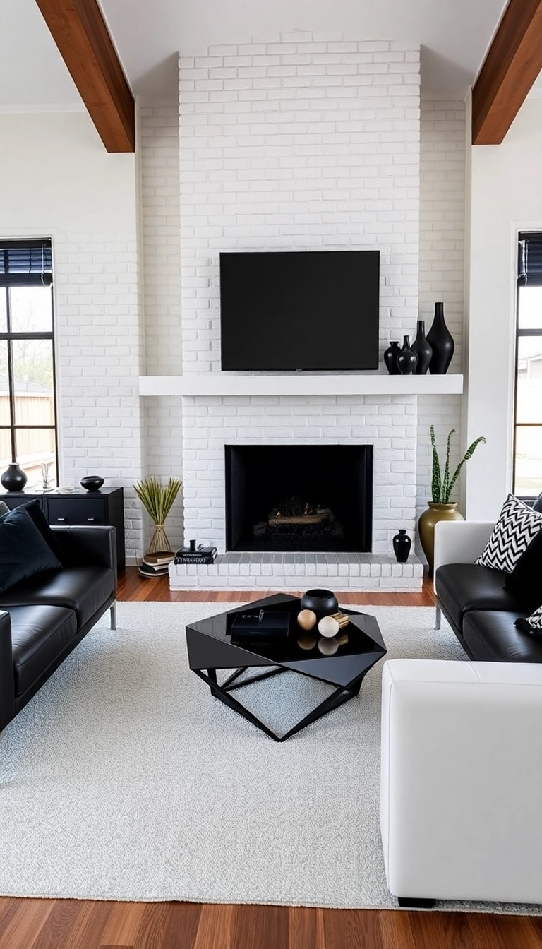 25 Stunning White Brick Fireplace Ideas to Transform Your Living Room (Wait Until You See #10!) - 6. Bold Black Accents