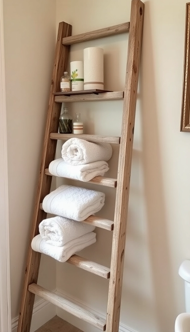 21 Moody Vintage Bathroom Decor Ideas You Can't Miss (Especially #12!) - 15. Vintage Ladder Rack