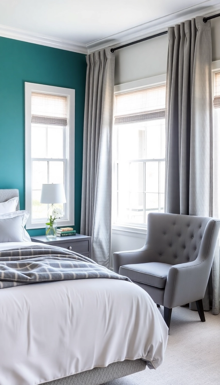 23 Teal Bedroom Ideas That Combine Modern Aesthetics with Unmatched Comfort! - 10. Teal and Gray Harmony