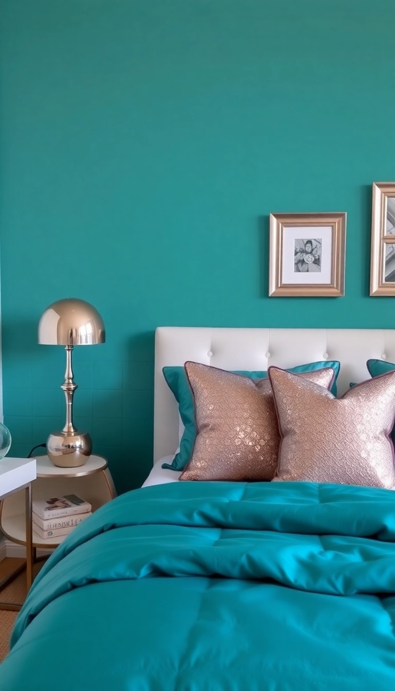 23 Teal Bedroom Ideas That Combine Modern Aesthetics with Unmatched Comfort! - 12. Teal and Metallic Accents