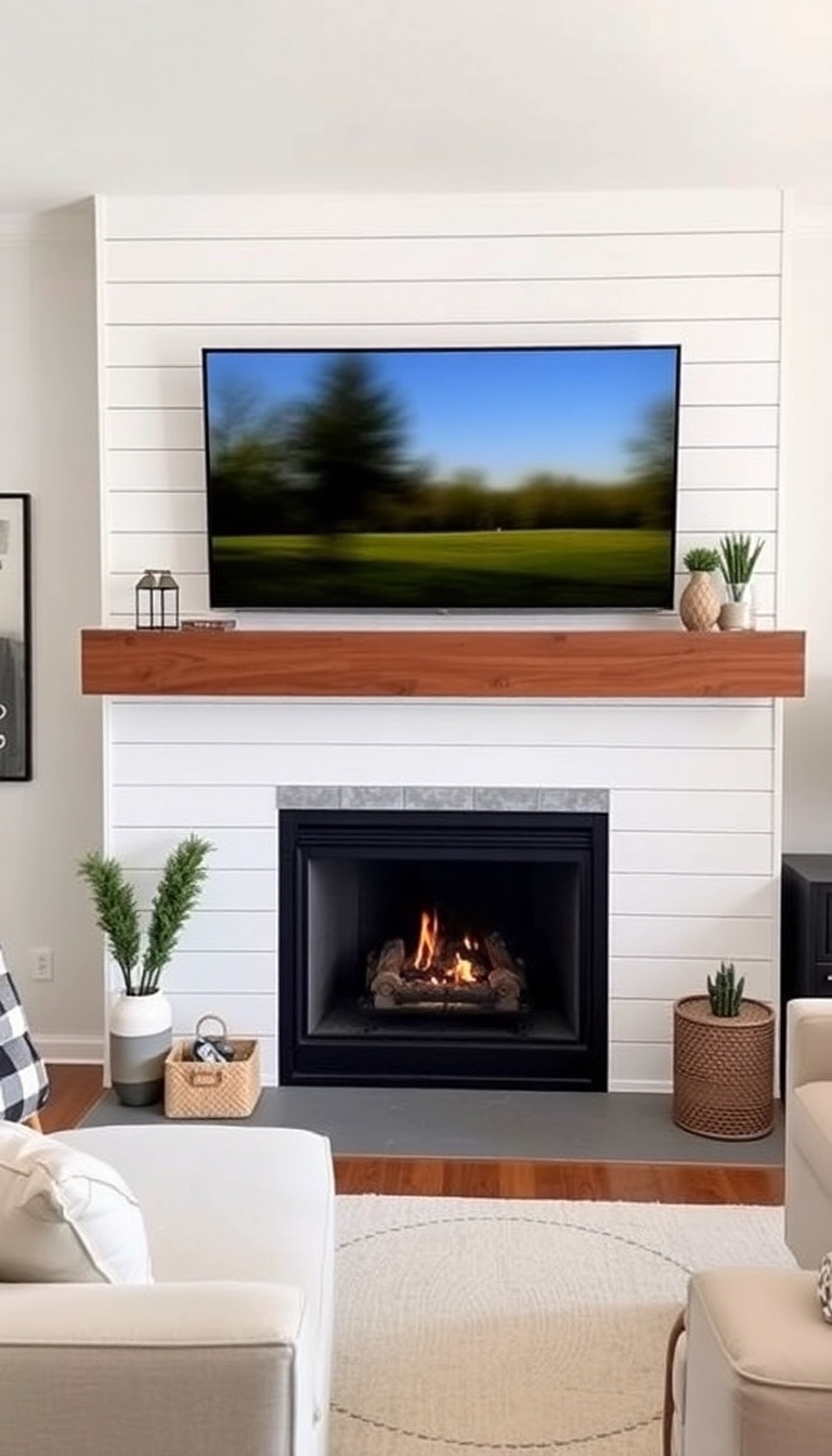 28 Stunning Shiplap Fireplace Ideas That'll Transform Your Living Space! - 17. Shiplap with a TV Mount