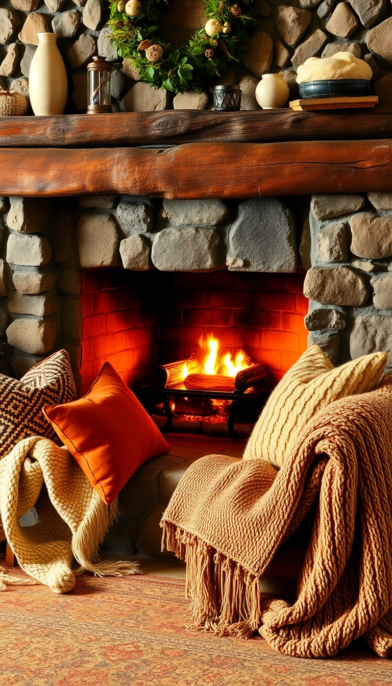 24 Rustic Farmhouse Fireplace Ideas That Will Make Your Home Feel Like a Cozy Retreat! - 11. Textured Throws and Pillows