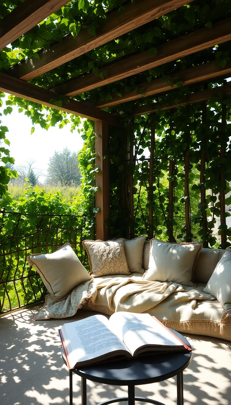 23 Japanese Style Garden Reading Nooks That Will Make You Want to Escape & Read Forever! - 7. Shaded Pergola Haven