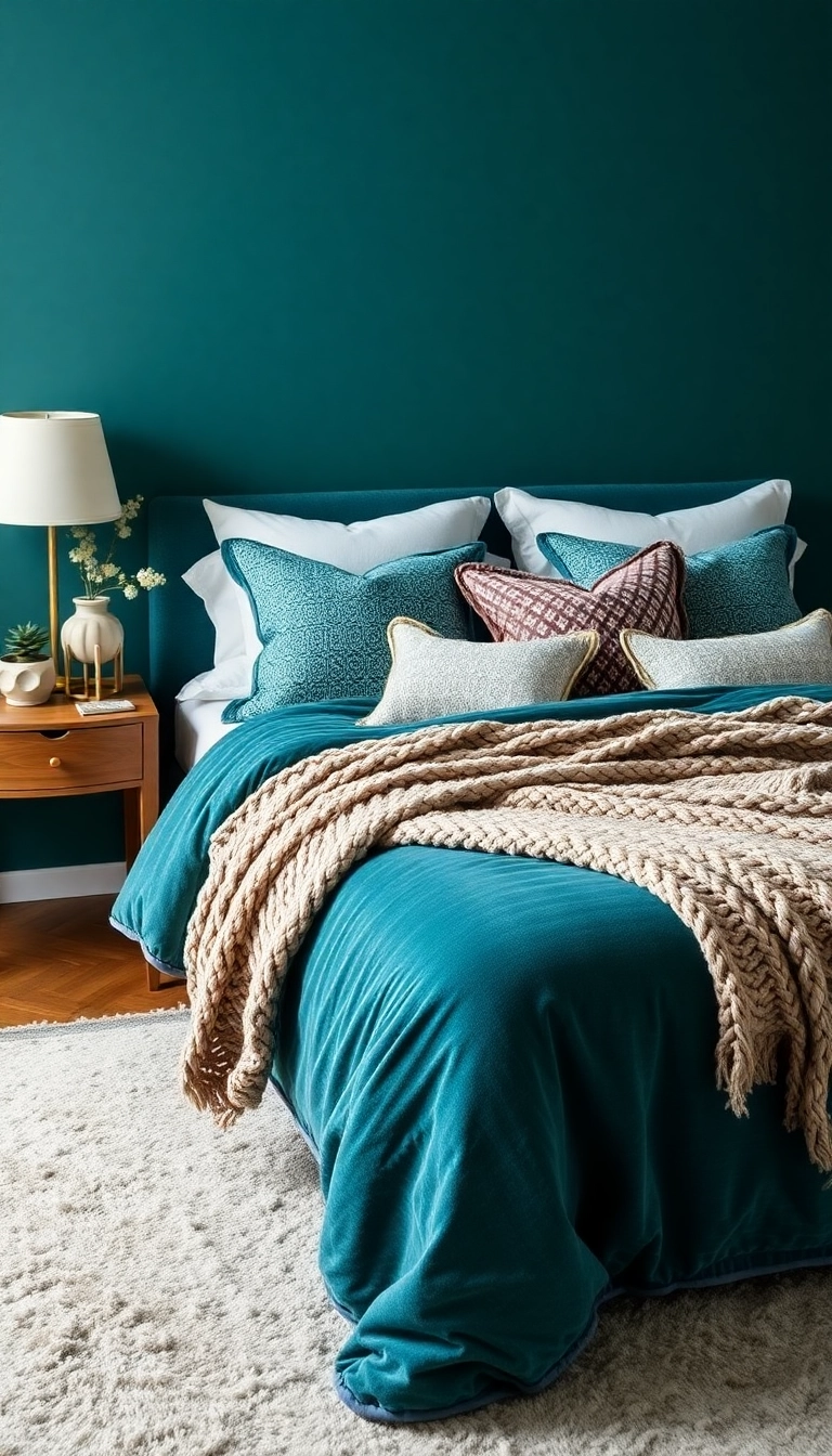 23 Teal Bedroom Ideas That Combine Modern Aesthetics with Unmatched Comfort! - 5. Teal Textures: Fabrics and Layers