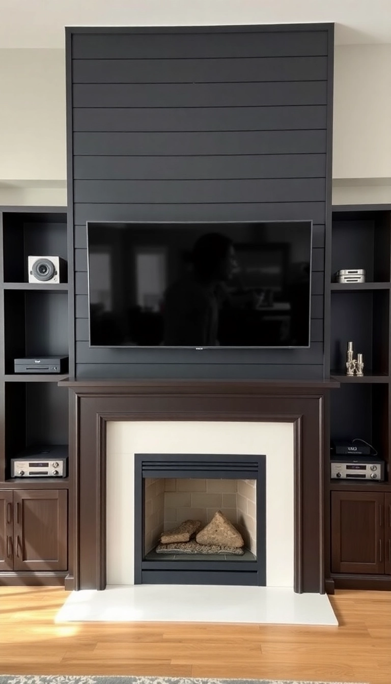 28 Black Shiplap Fireplace Ideas That'll Make Your Living Room Unforgettable! - 7. Integrated Technology