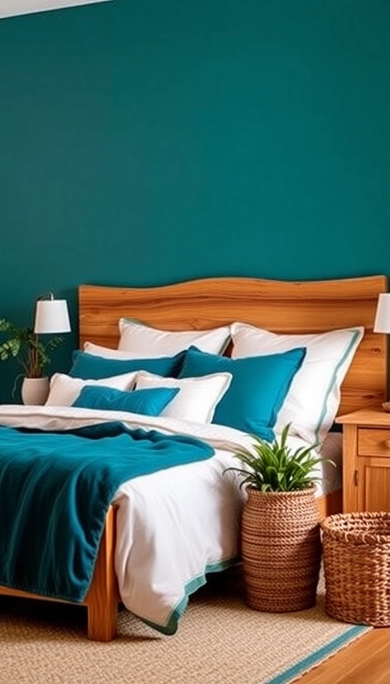 23 Teal Bedroom Ideas That Combine Modern Aesthetics with Unmatched Comfort! - 3. Teal and Wood: Nature’s Embrace