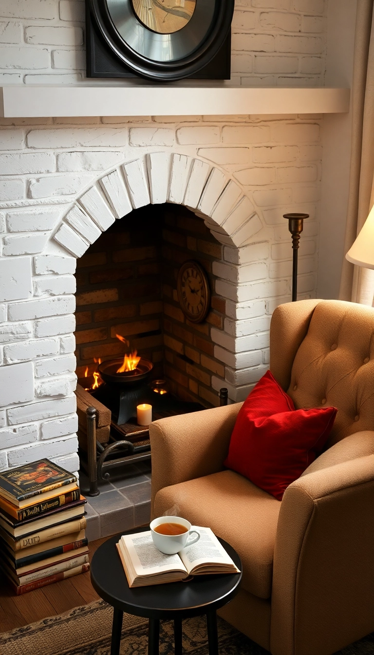 25 Stunning White Brick Fireplace Ideas to Transform Your Living Room (Wait Until You See #10!) - 9. Cozy Reading Nook