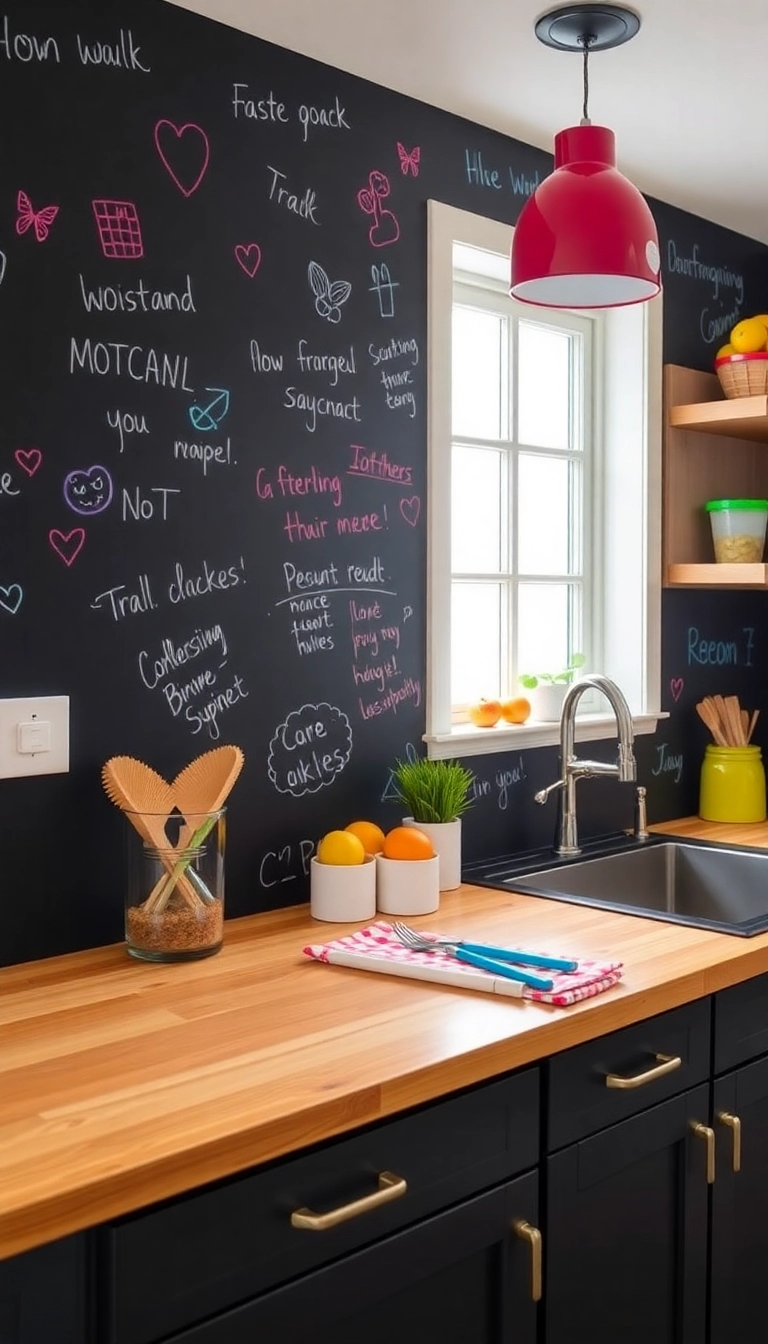 22 Stunning Backsplash Ideas to Pair with Butcher Block Countertops (You'll Love #15!) - 17. Creative Chalkboard Paint