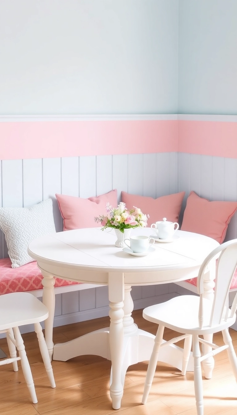 27 Farmhouse Breakfast Nook Ideas That’ll Make You Want to Sip Coffee All Morning! - 4. Soft Pastel Accents