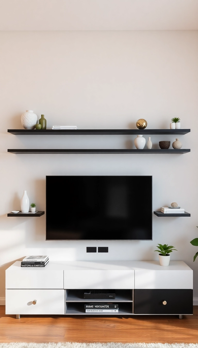 23 TV Wall Decor Ideas That'll Make Your Living Room Shine Like Never Before! - 2. Floating Shelves with Decorative Accents