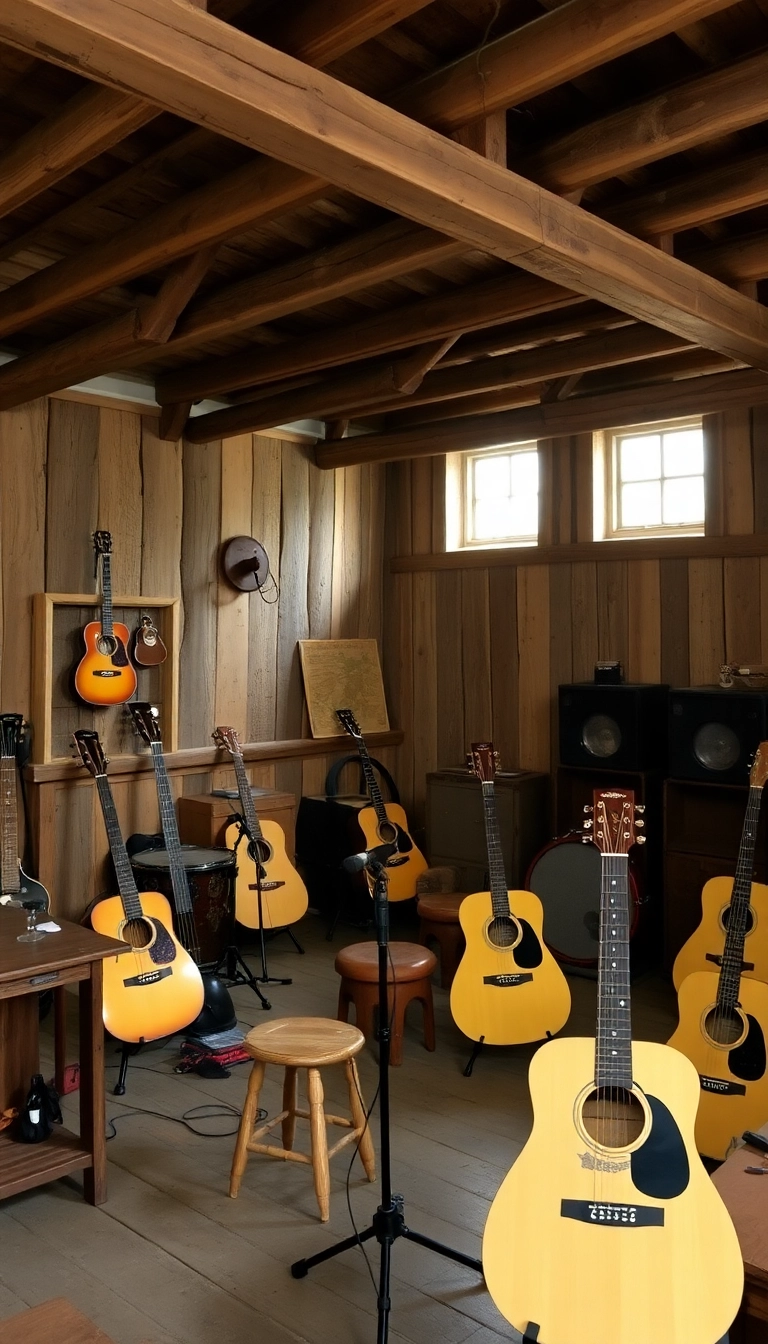 33 Music Room Ideas That'll Make You Want to Jam All Day Long! - 14. Rustic Charm with Wooden Elements