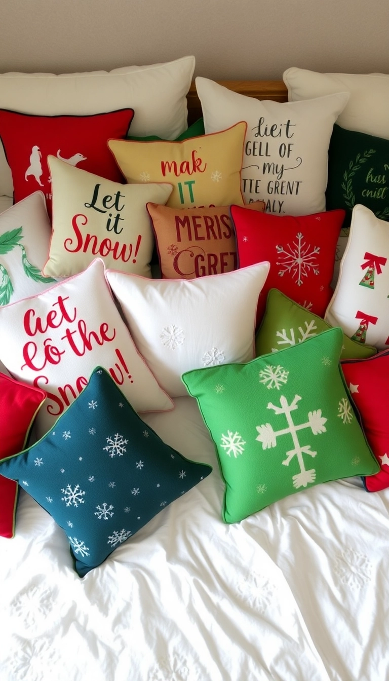 28 Holiday Bedroom Decor Ideas That'll Make You Want to Snuggle In! - 6. Holiday-Themed Pillows