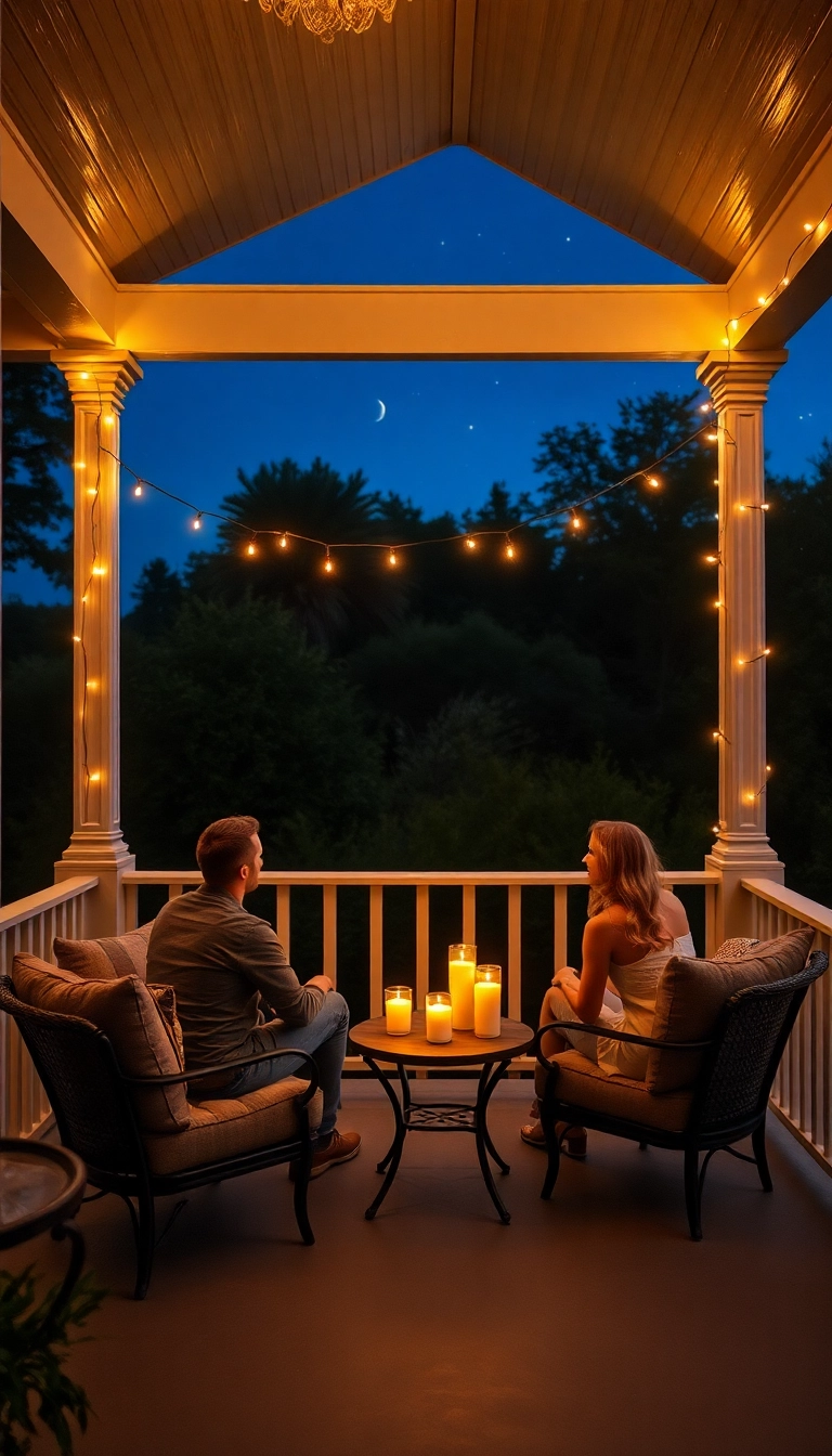 23 Southern Front Porch Ideas for Every Season (Don't Miss #5!) - 15. Romantic Evening Setup