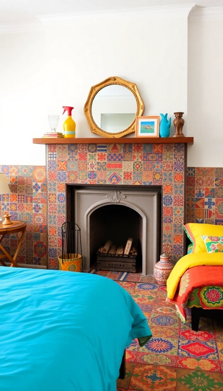 27 Fireplace in Bedroom Ideas That Will Make You Want to Snuggle In! - 18. Colorful Tiles