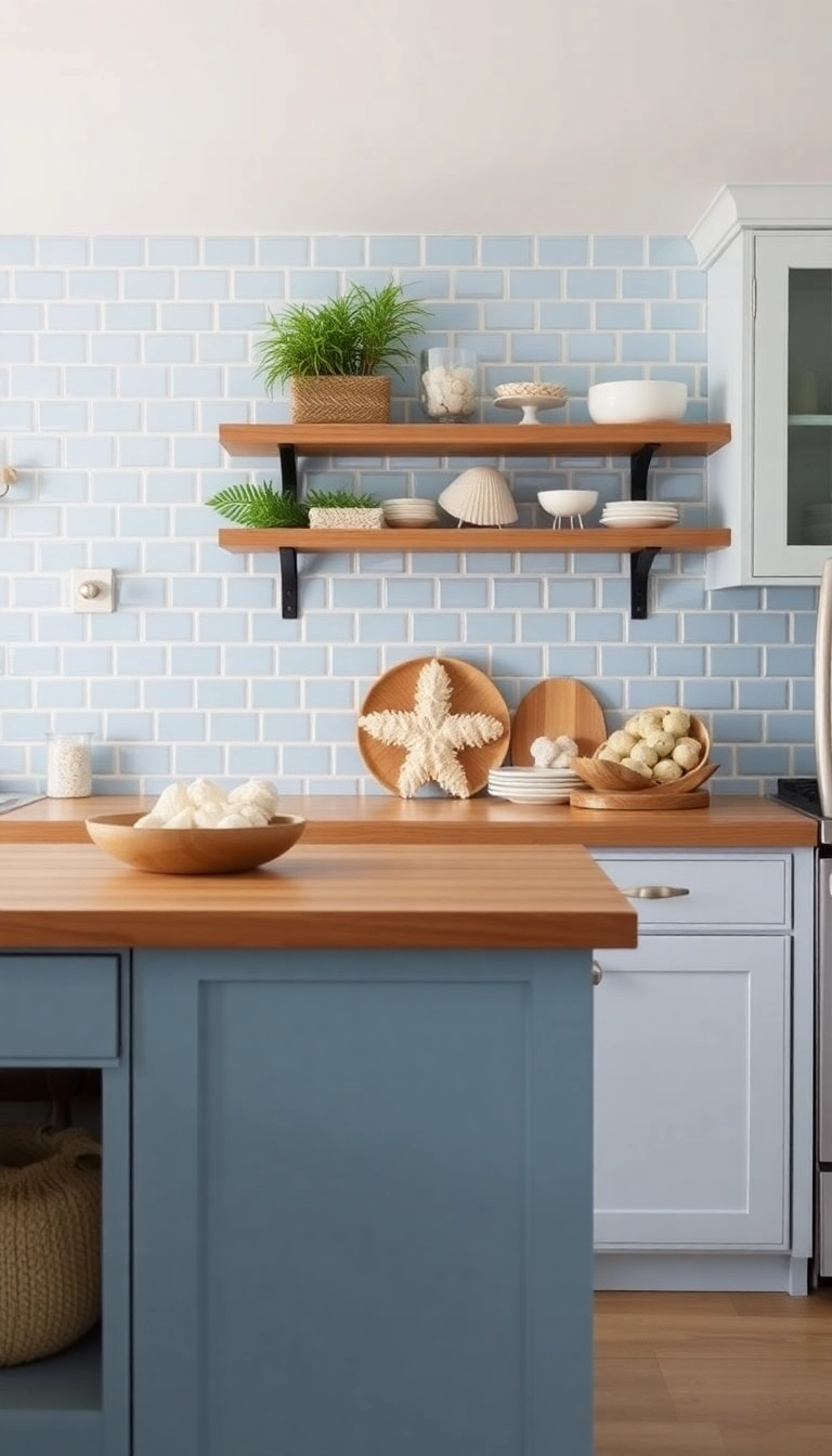 22 Stunning Backsplash Ideas to Pair with Butcher Block Countertops (You'll Love #15!) - 15. Soft Blue Tiles