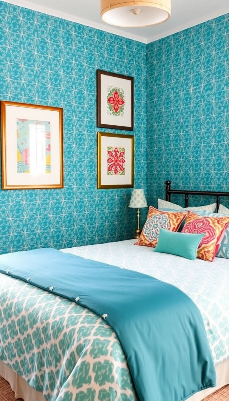 23 Teal Bedroom Ideas That Combine Modern Aesthetics with Unmatched Comfort! - 11. Whimsical Teal Patterns