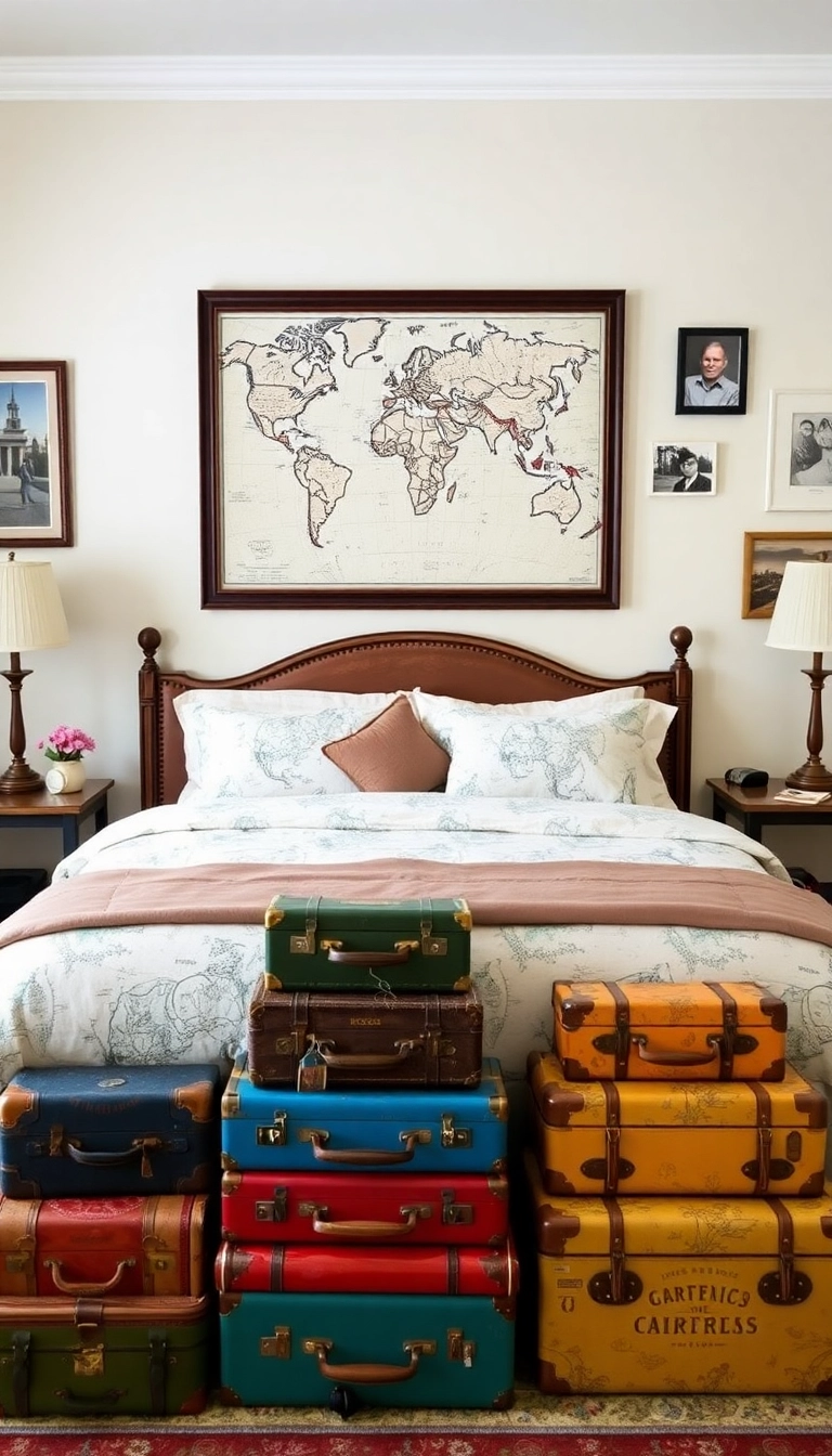 28 Cozy Vintage Bedroom Ideas That Feel Like Home Sweet Home! - 6. Vintage Travel Memories