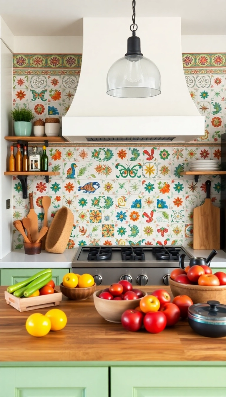 22 Stunning Backsplash Ideas to Pair with Butcher Block Countertops (You'll Love #15!) - 5. Colorful Hand-Painted Tiles