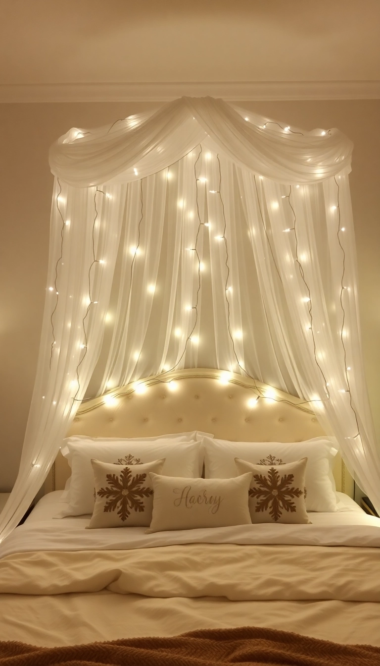 28 Holiday Bedroom Decor Ideas That'll Make You Want to Snuggle In! - 13. Holiday-Themed Bed Canopy