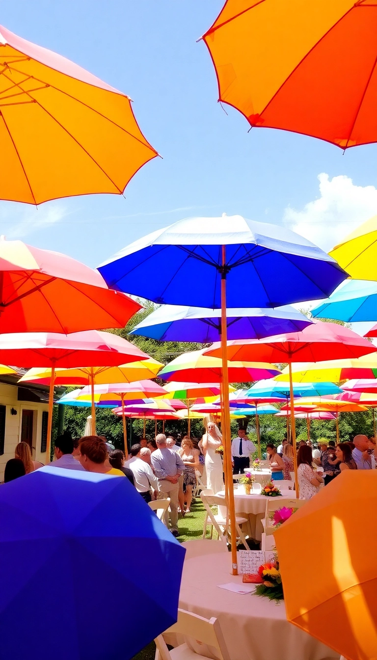 27 Backyard Wedding Decor Ideas That'll Make Your Big Day Unforgettable! - 20. Colorful Umbrellas