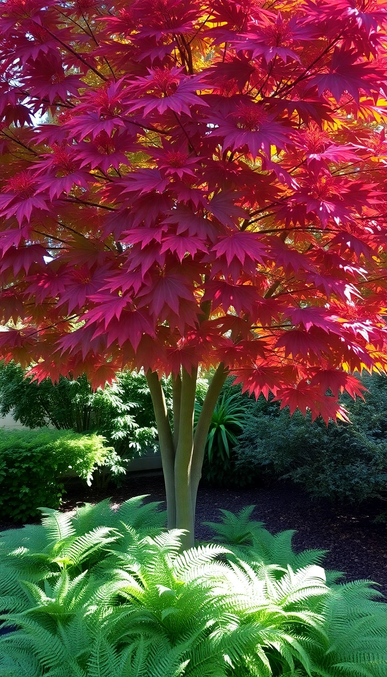 26 Stunning Plant Combinations to Transform Your Sunny Front Yard! - 9. Elegant Foliage: Japanese Maple and Ferns