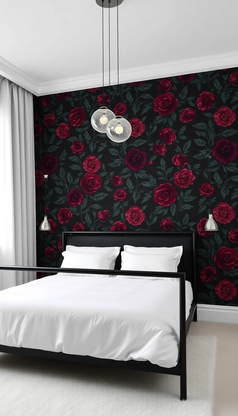 26 Dark Feminine Bedroom Ideas That Will Make You Feel Like a Queen! - 2. Moody Floral Wallpaper