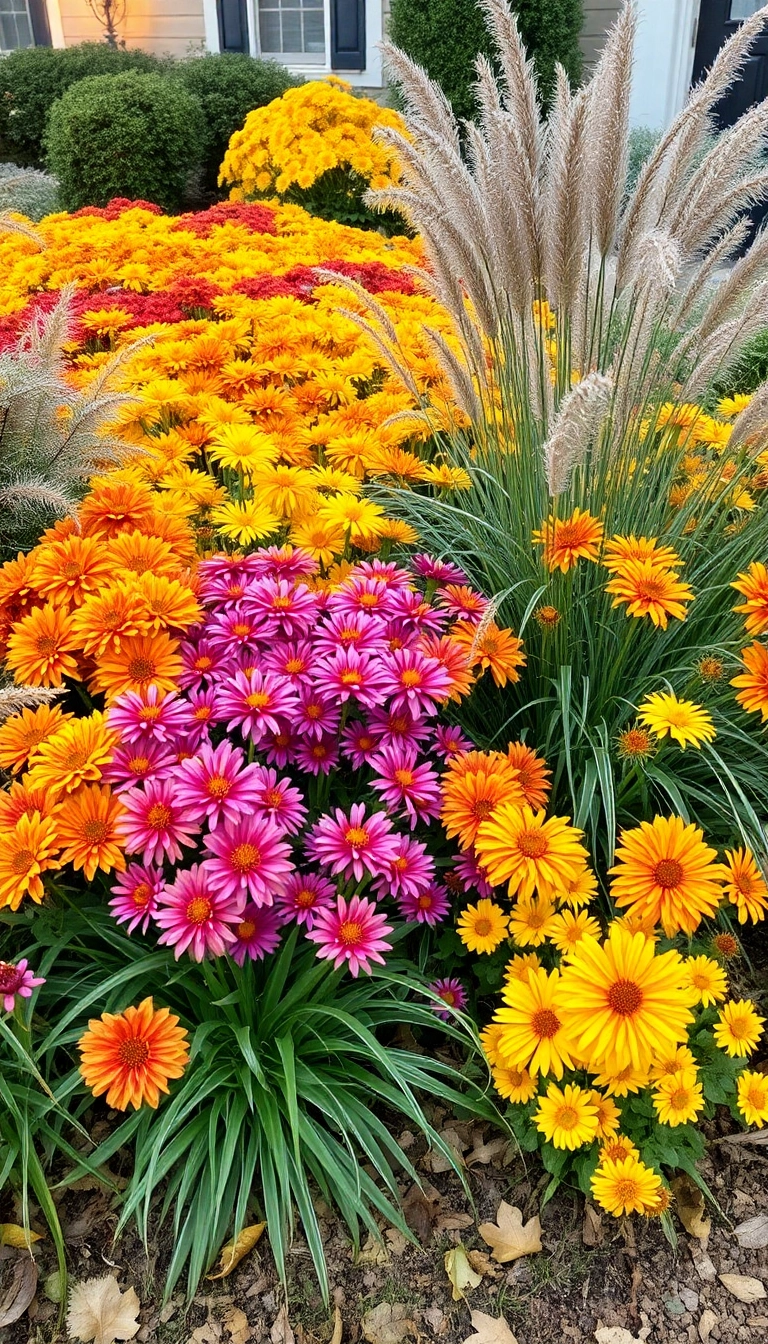 26 Stunning Plant Combinations to Transform Your Sunny Front Yard! - 10. Fall Fiesta: Mums and Ornamental Grasses