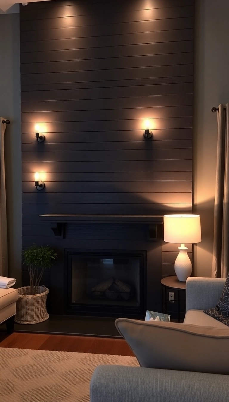 28 Black Shiplap Fireplace Ideas That'll Make Your Living Room Unforgettable! - 9. Layered Lighting