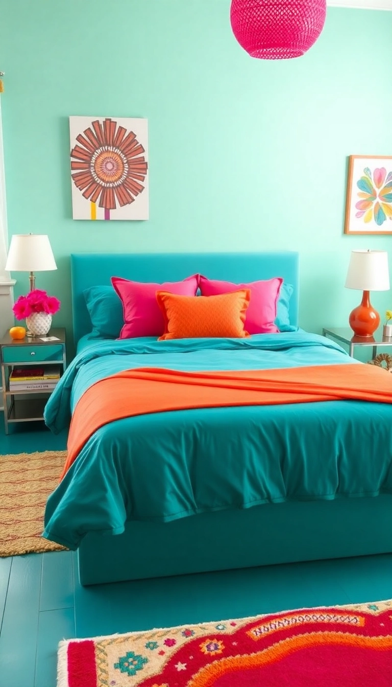 23 Teal Bedroom Ideas That Combine Modern Aesthetics with Unmatched Comfort! - 7. Teal with a Pop of Color