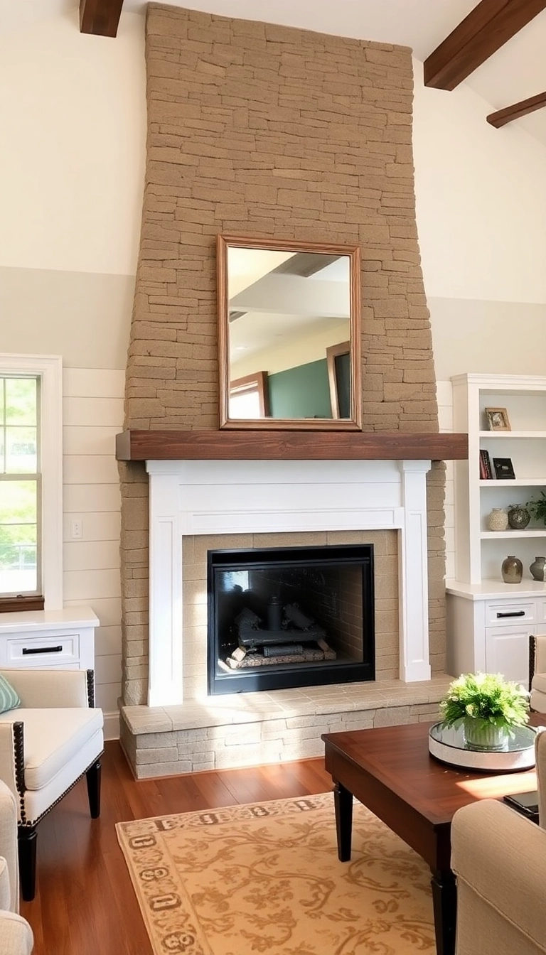 28 Stunning Shiplap Fireplace Ideas That'll Transform Your Living Space! - 11. Shiplap and Stone Combo