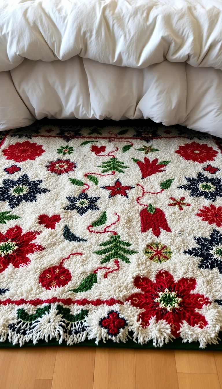 28 Holiday Bedroom Decor Ideas That'll Make You Want to Snuggle In! - 10. Festive Rugs