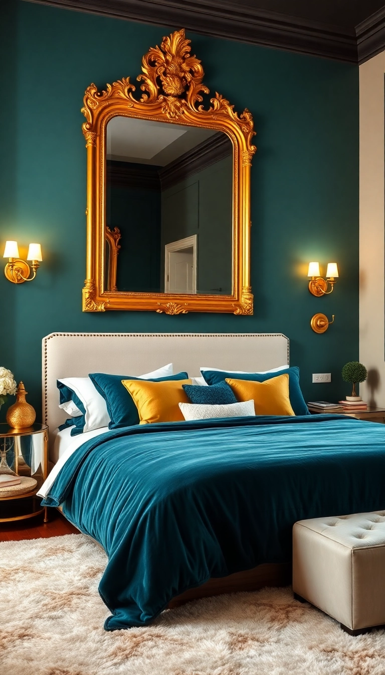 23 Teal Bedroom Ideas That Combine Modern Aesthetics with Unmatched Comfort! - 1. Elegant Teal and Gold Glamour